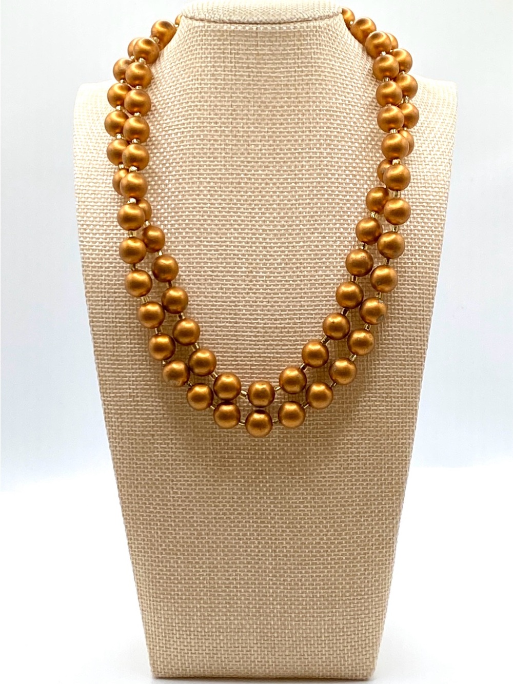 Vintage Japan Double Strand Bronze Faux Pearl Necklace Gold Copper Bead Retro